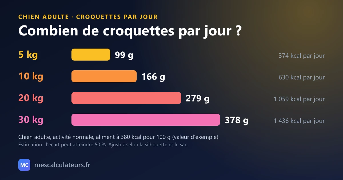 Besoin d'énergie et quantité de croquettes par jour pour un chien adulte d'activité normale, avec un aliment à 380 kilocalories pour 100 grammes : 5 kg demandent 374 kcal soit 99 g ; 10 kg demandent 630 kcal soit 166 g ; 20 kg demandent 1 059 kcal soit 279 g ; 30 kg demandent 1 436 kcal soit 378 g
