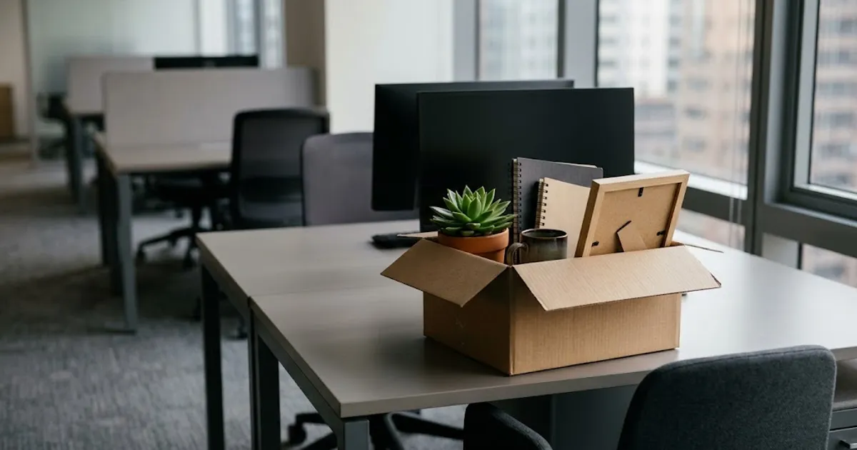 Un bureau vide dans un open space, avec un carton d'archives contenant une plante, une tasse, des carnets et un cadre vu de dos, devant un écran éteint.