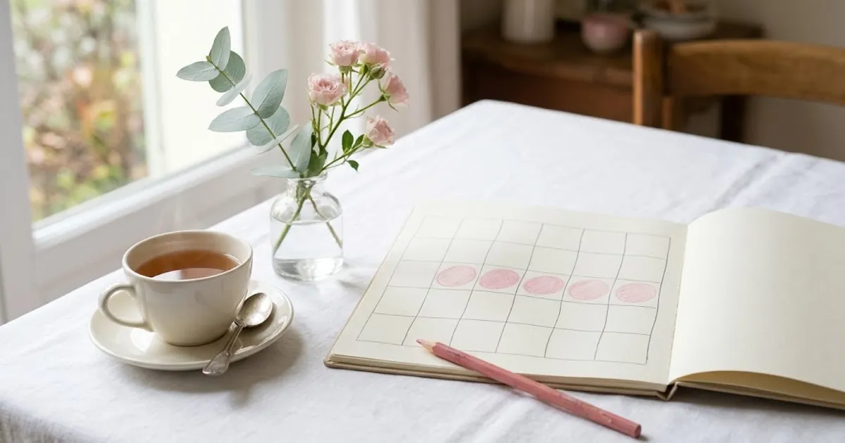 Table de petit déjeuner claire avec un agenda papier ouvert sur une grille de cases, quelques cases entourées au crayon rose, une tasse de tisane et un brin d'eucalyptus.